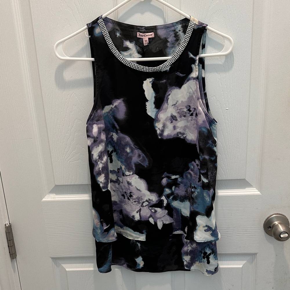 Juicy Couture Black Floral Watercolor Sleeveless Tank with Beaded Neck